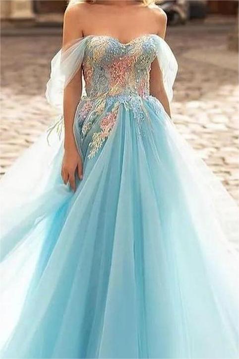 Blue A Line Prom Dress Off the Shoulder Formal Dress With Lace Appliques