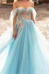Blue A Line Prom Dress Off the Shoulder Formal Dress With Lace Appliques