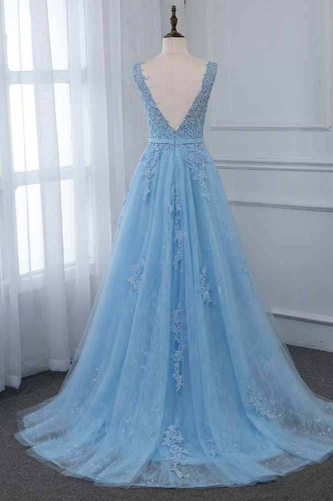 Blue A Line Prom Dress Sleeveless Formal Dress With Lace Appliques