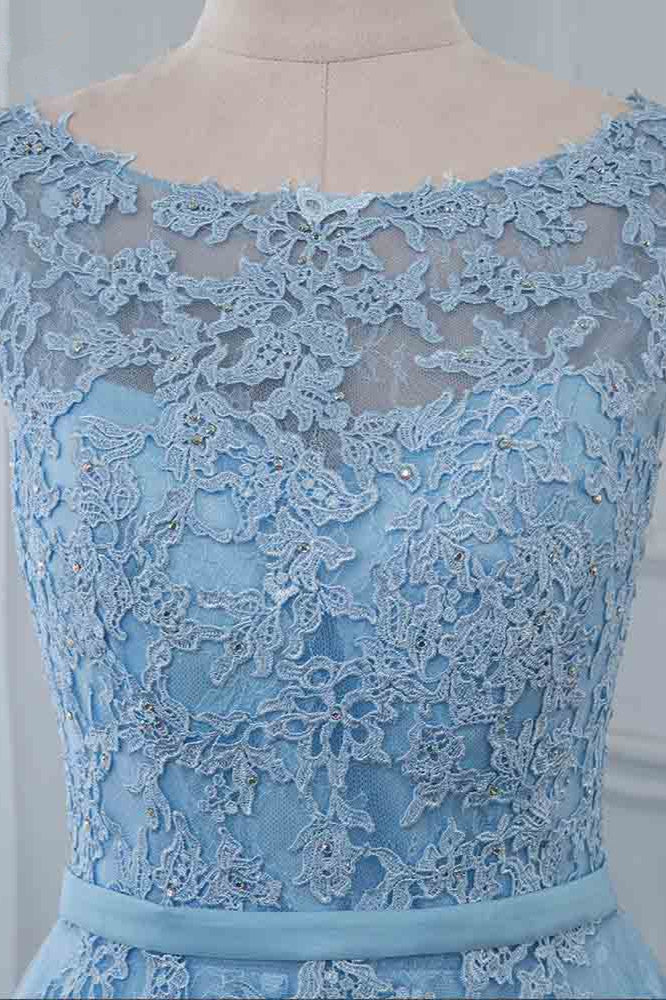 Blue A Line Prom Dress Sleeveless Formal Dress With Lace Appliques
