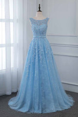 Blue A Line Prom Dress Sleeveless Formal Dress With Lace Appliques