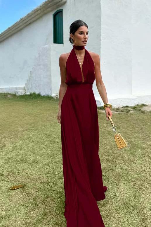 Blue A Line Prom Dress Sleeveless Halter Neck Satin Formal Dress