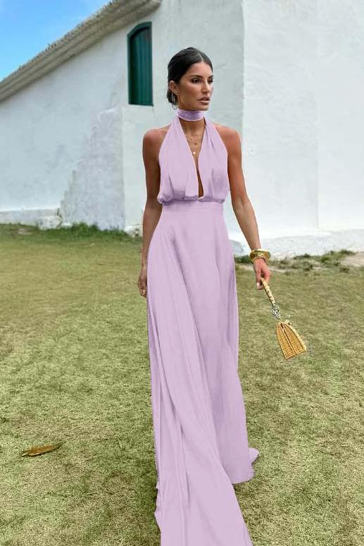 Blue A Line Prom Dress Sleeveless Halter Neck Satin Formal Dress