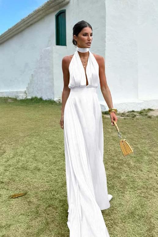 Blue A Line Prom Dress Sleeveless Halter Neck Satin Formal Dress