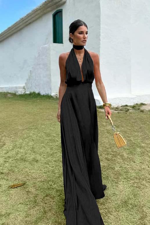 Blue A Line Prom Dress Sleeveless Halter Neck Satin Formal Dress