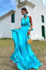 Blue A Line Prom Dress Sleeveless Halter Neck Satin Formal Dress