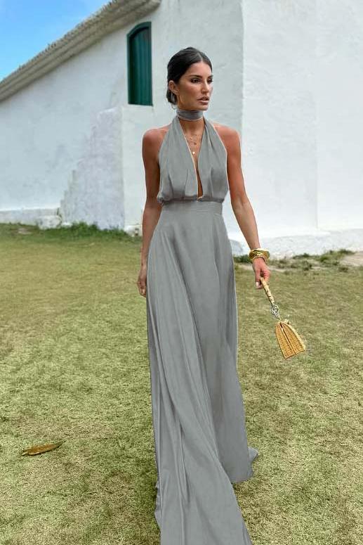 Blue A Line Prom Dress Sleeveless Halter Neck Satin Formal Dress