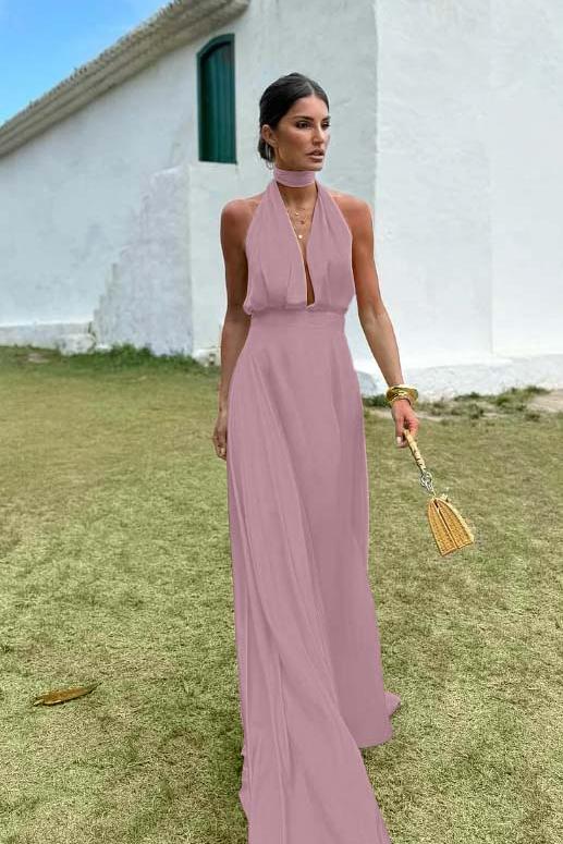 Blue A Line Prom Dress Sleeveless Halter Neck Satin Formal Dress