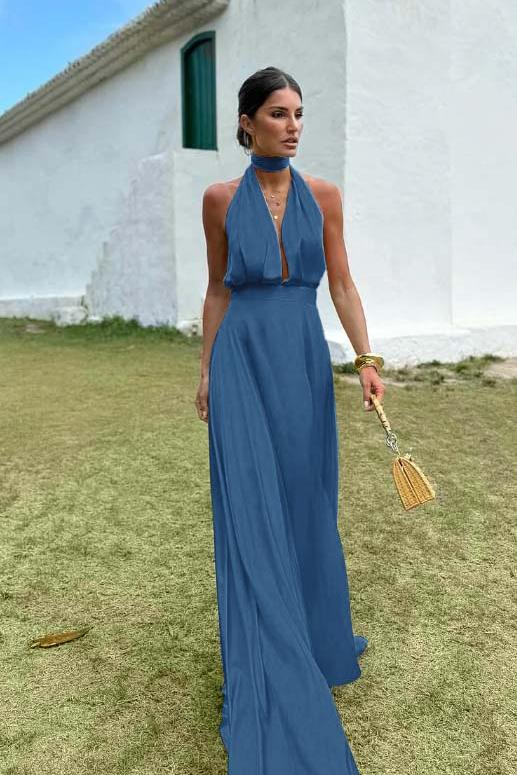 Blue A Line Prom Dress Sleeveless Halter Neck Satin Formal Dress