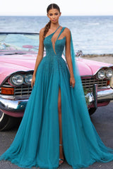 Blue A Line Prom Dress Sleeveless One Shoulder Beaded Formal Dress