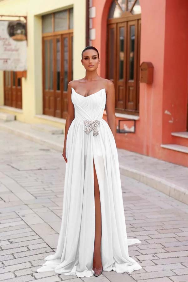 Blue A Line Prom Dress Sleeveless Strapless Beaded Formal Dress