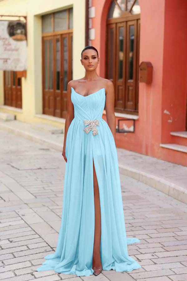 Blue A Line Prom Dress Sleeveless Strapless Beaded Formal Dress