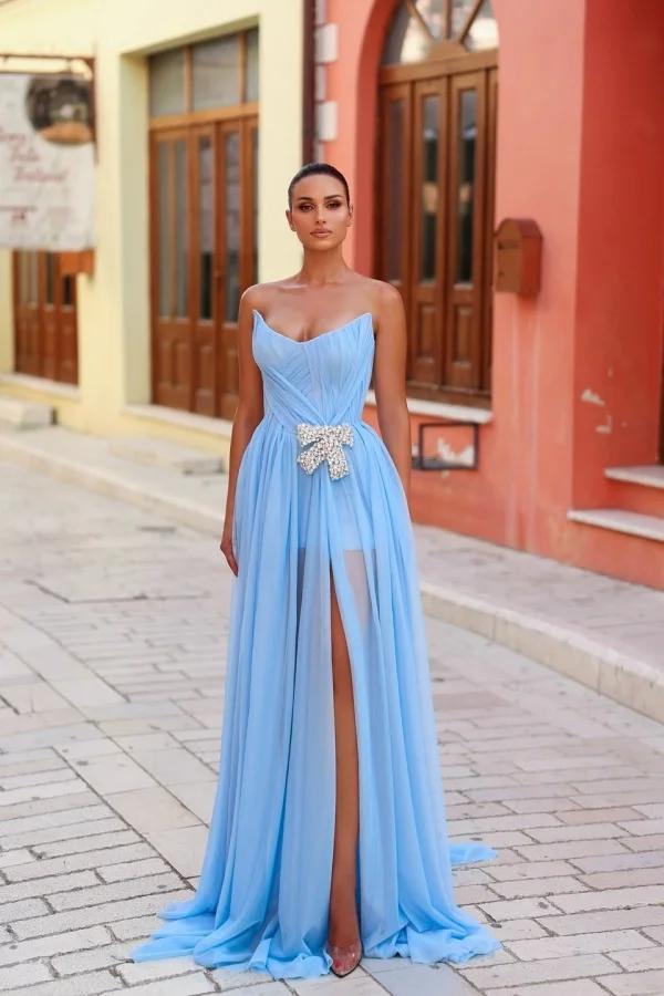 Blue A Line Prom Dress Sleeveless Strapless Beaded Formal Dress