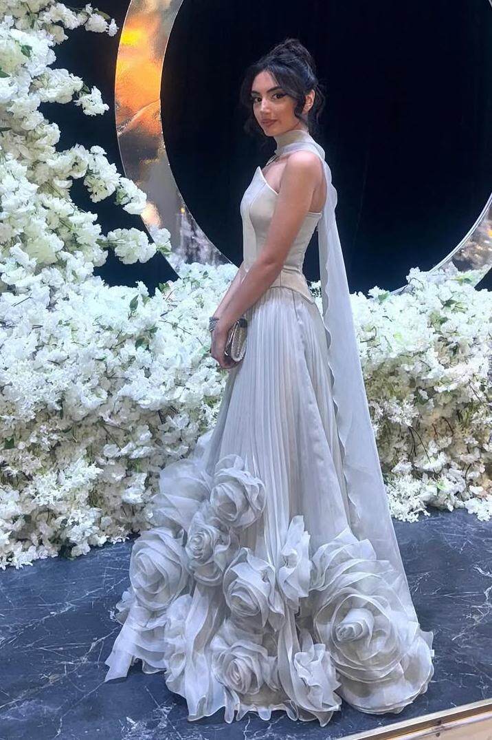 Blue A Line Prom Dress Sleeveless Strapless Formal Dress With 3D Flowers