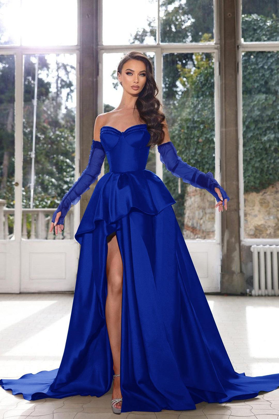 Blue A-Line Prom Dress Strapless Long Sleeves Formal Evening Dresses with Slit