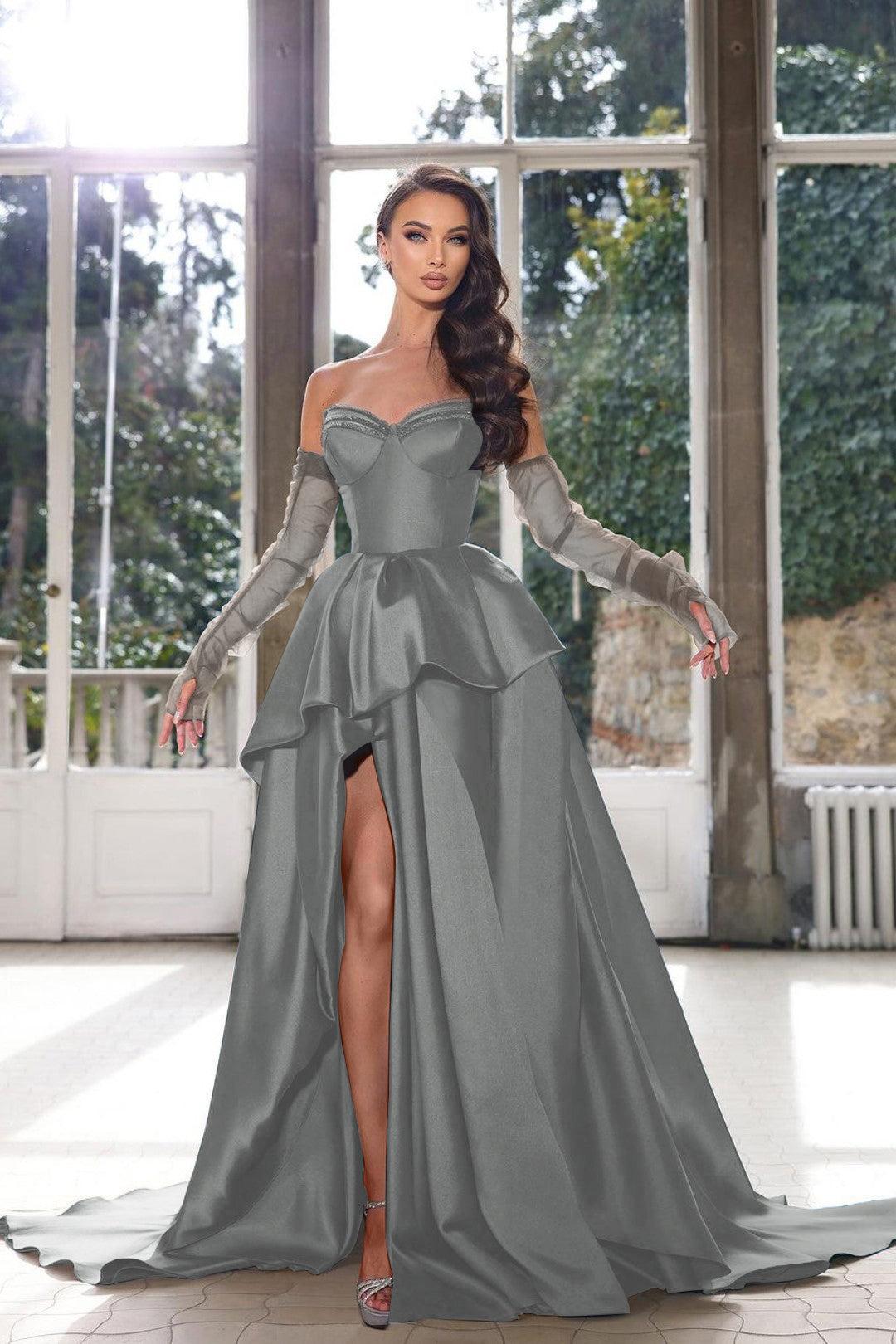 Blue A-Line Prom Dress Strapless Long Sleeves Formal Evening Dresses with Slit