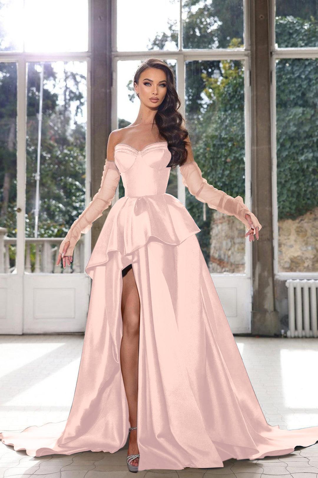 Blue A-Line Prom Dress Strapless Long Sleeves Formal Evening Dresses with Slit