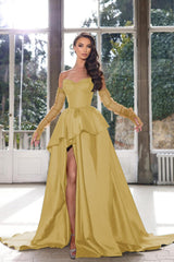 Blue A-Line Prom Dress Strapless Long Sleeves Formal Evening Dresses with Slit