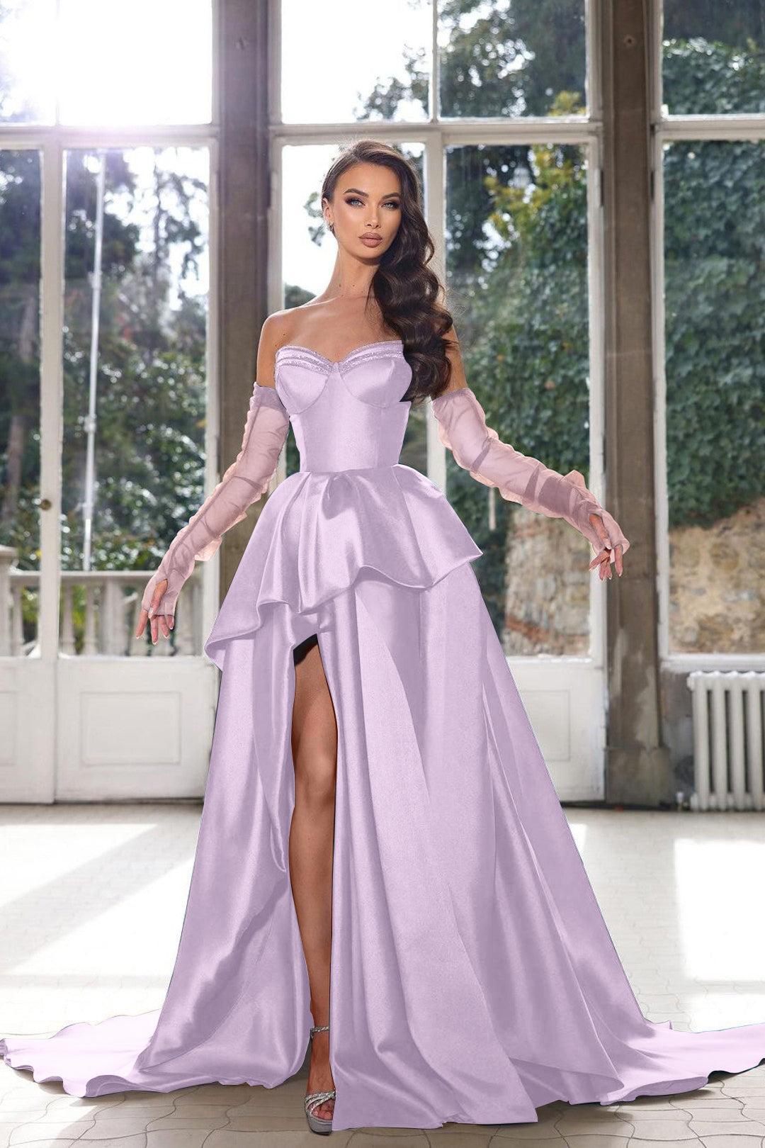 Blue A-Line Prom Dress Strapless Long Sleeves Formal Evening Dresses with Slit