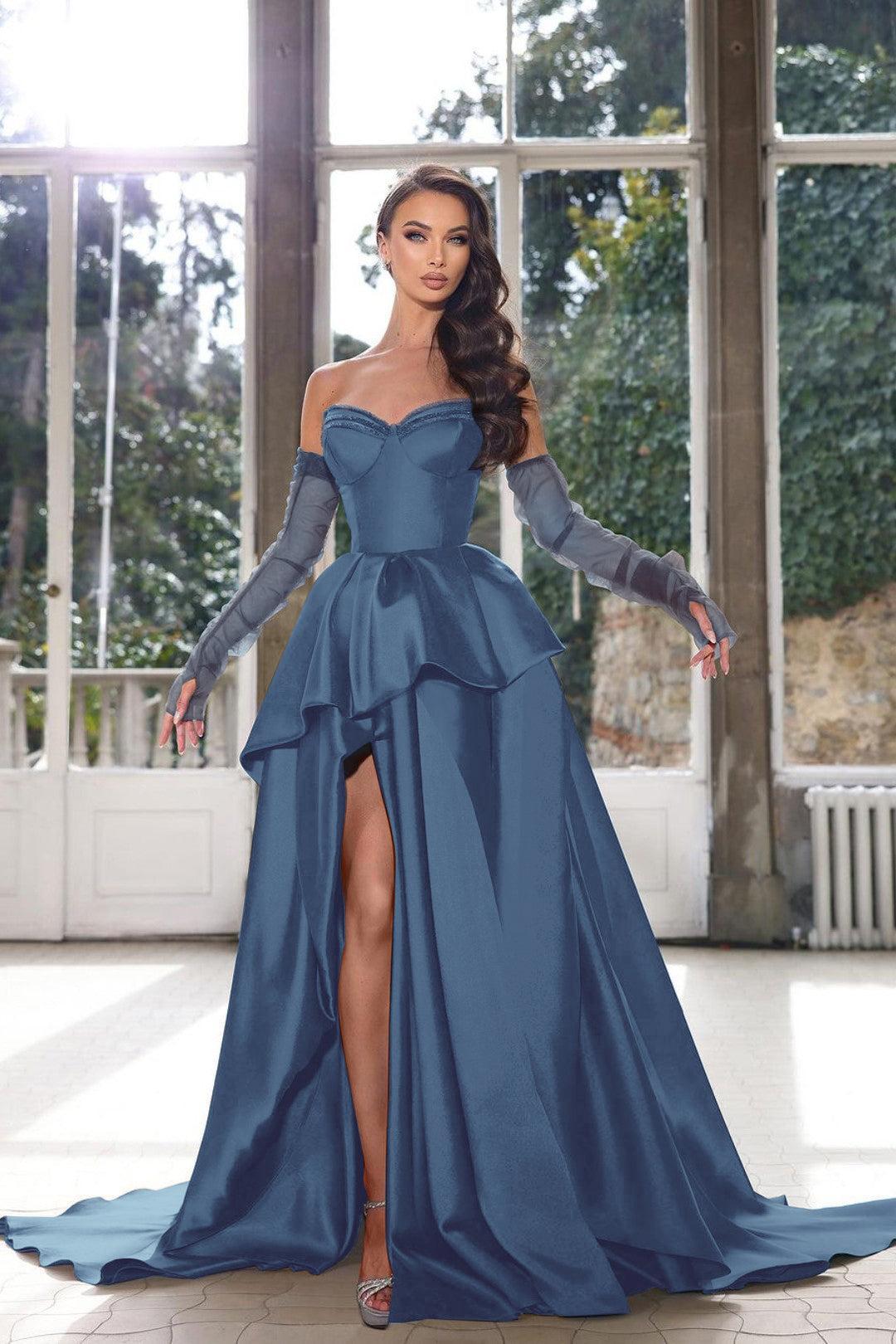 Blue A-Line Prom Dress Strapless Long Sleeves Formal Evening Dresses with Slit