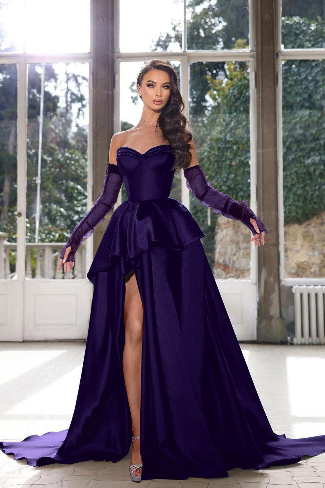 Blue A-Line Prom Dress Strapless Long Sleeves Formal Evening Dresses with Slit