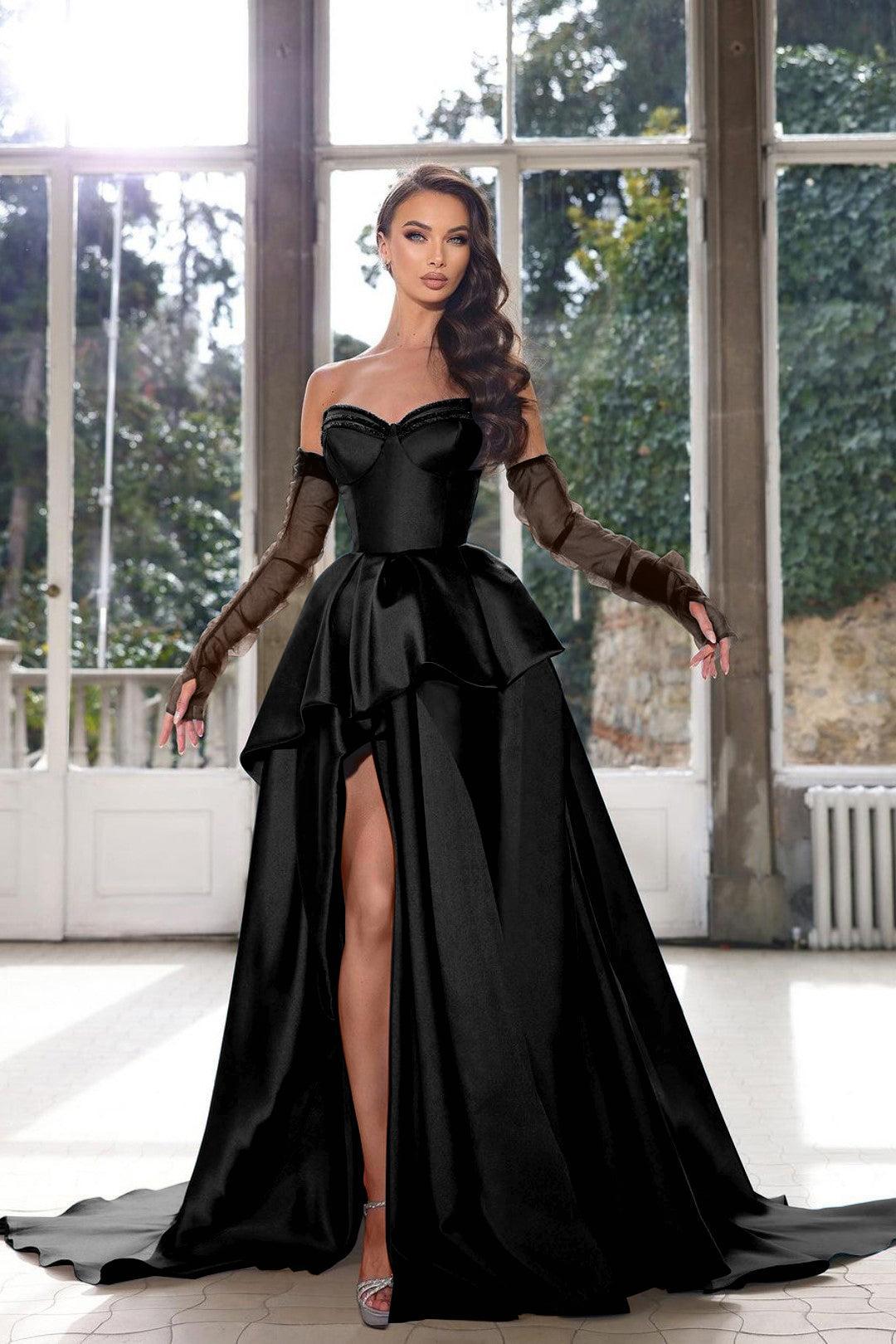 Blue A-Line Prom Dress Strapless Long Sleeves Formal Evening Dresses with Slit