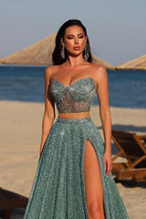 Blue A Line Prom Dress Sweetheart Beaded Sleeveless Formal Dress