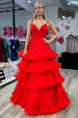 Blue A Line Tiered Long Tulle Prom Dress with Ruffles
