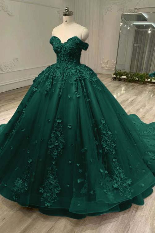 Blue Ball Gown Prom Dress Off the Shoulder Formal Dress With Lace Appliques