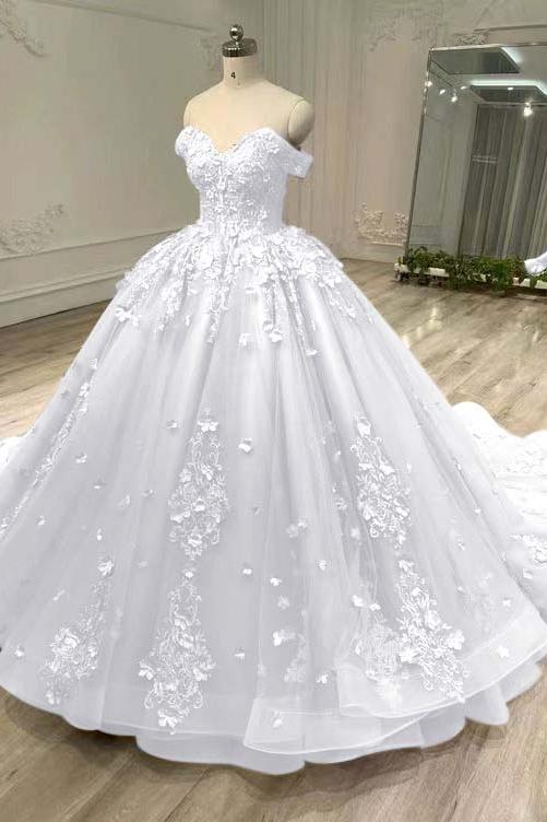 Blue Ball Gown Prom Dress Off the Shoulder Formal Dress With Lace Appliques