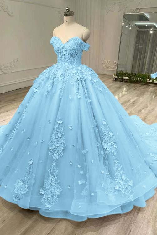 Blue Ball Gown Prom Dress Off the Shoulder Formal Dress With Lace Appliques
