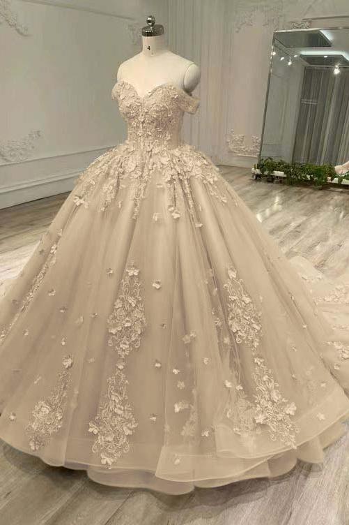 Blue Ball Gown Prom Dress Off the Shoulder Formal Dress With Lace Appliques