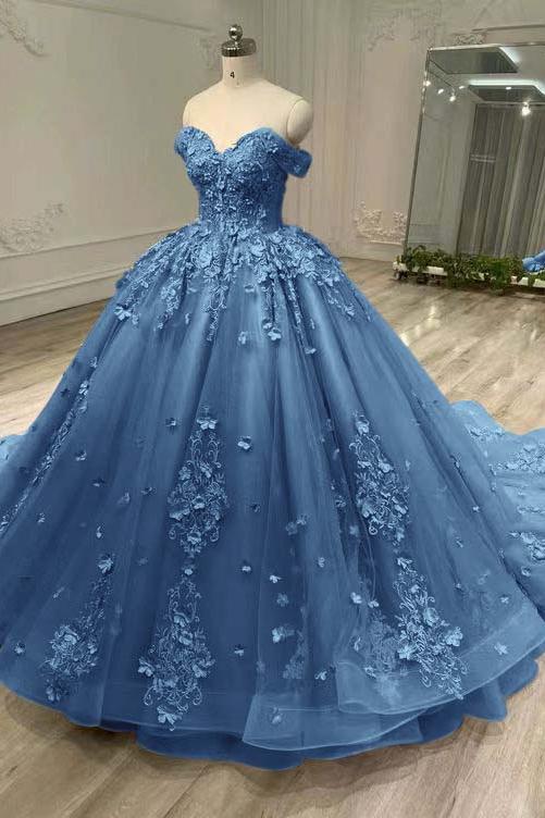 Blue Ball Gown Prom Dress Off the Shoulder Formal Dress With Lace Appliques