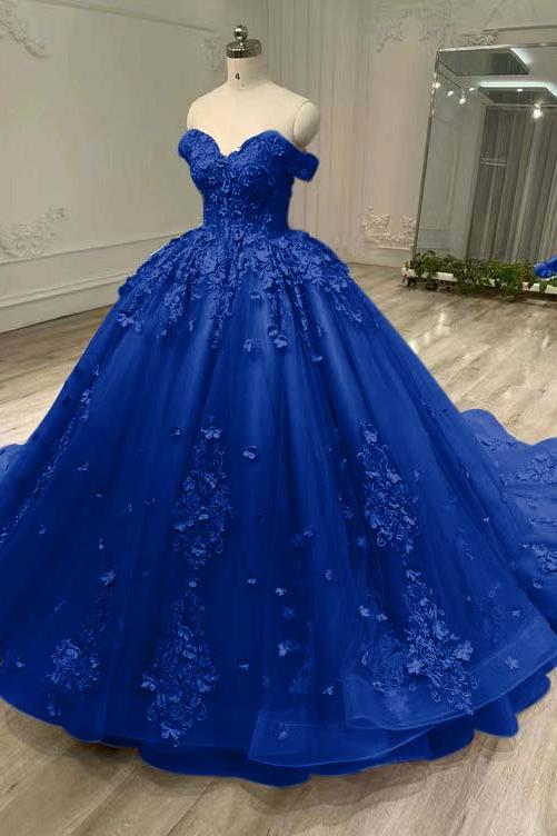 Blue Ball Gown Prom Dress Off the Shoulder Formal Dress With Lace Appliques