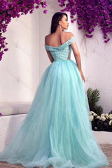 Blue Detachable Train Prom Dress Off the Shoulder Sequined Formal Dress