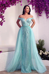 Blue Detachable Train Prom Dress Off the Shoulder Sequined Formal Dress