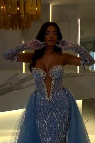 Blue Detachable Train Prom Dress Sleeveless Sweetheart Beaded Formal Dress