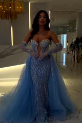 Blue Detachable Train Prom Dress Sleeveless Sweetheart Beaded Formal Dress