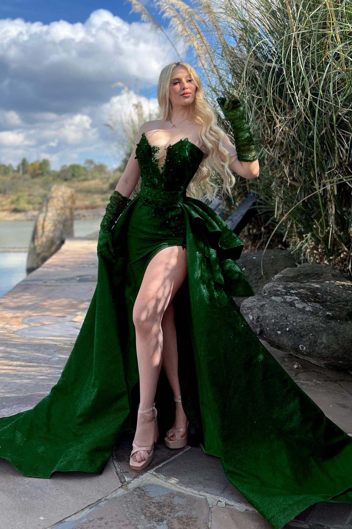 Blue Detachable Train Prom Dress Sleeveless Sweetheart Formal Dress With Lace Appliques