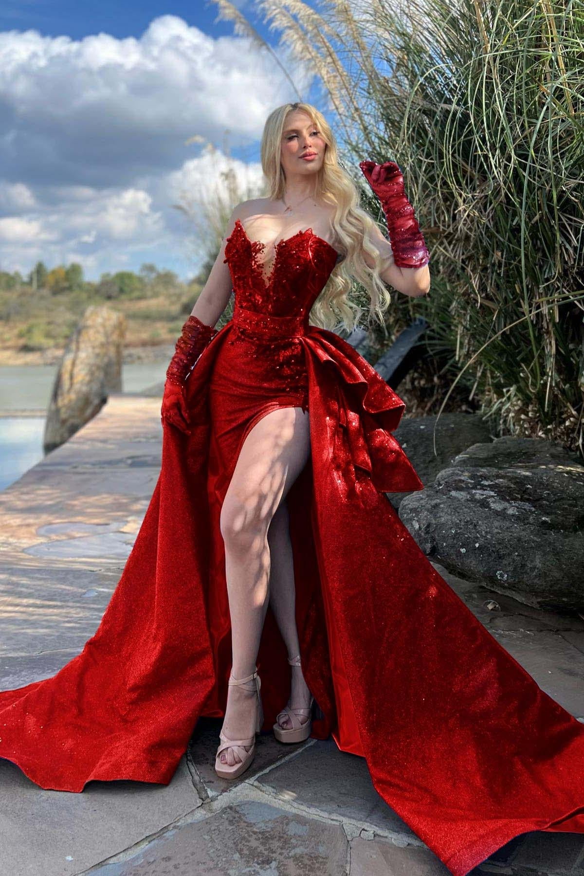 Blue Detachable Train Prom Dress Sleeveless Sweetheart Formal Dress With Lace Appliques