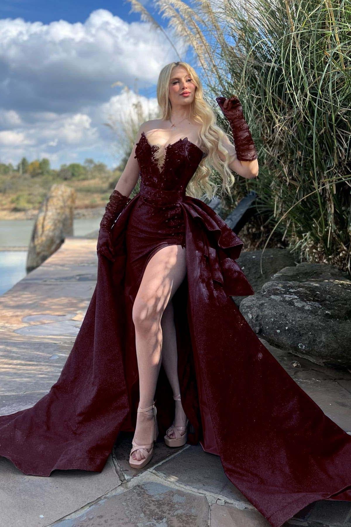 Blue Detachable Train Prom Dress Sleeveless Sweetheart Formal Dress With Lace Appliques