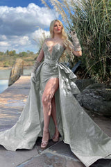 Blue Detachable Train Prom Dress Sleeveless Sweetheart Formal Dress With Lace Appliques