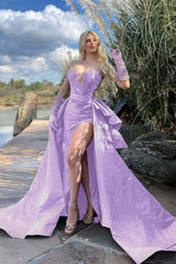 Blue Detachable Train Prom Dress Sleeveless Sweetheart Formal Dress With Lace Appliques