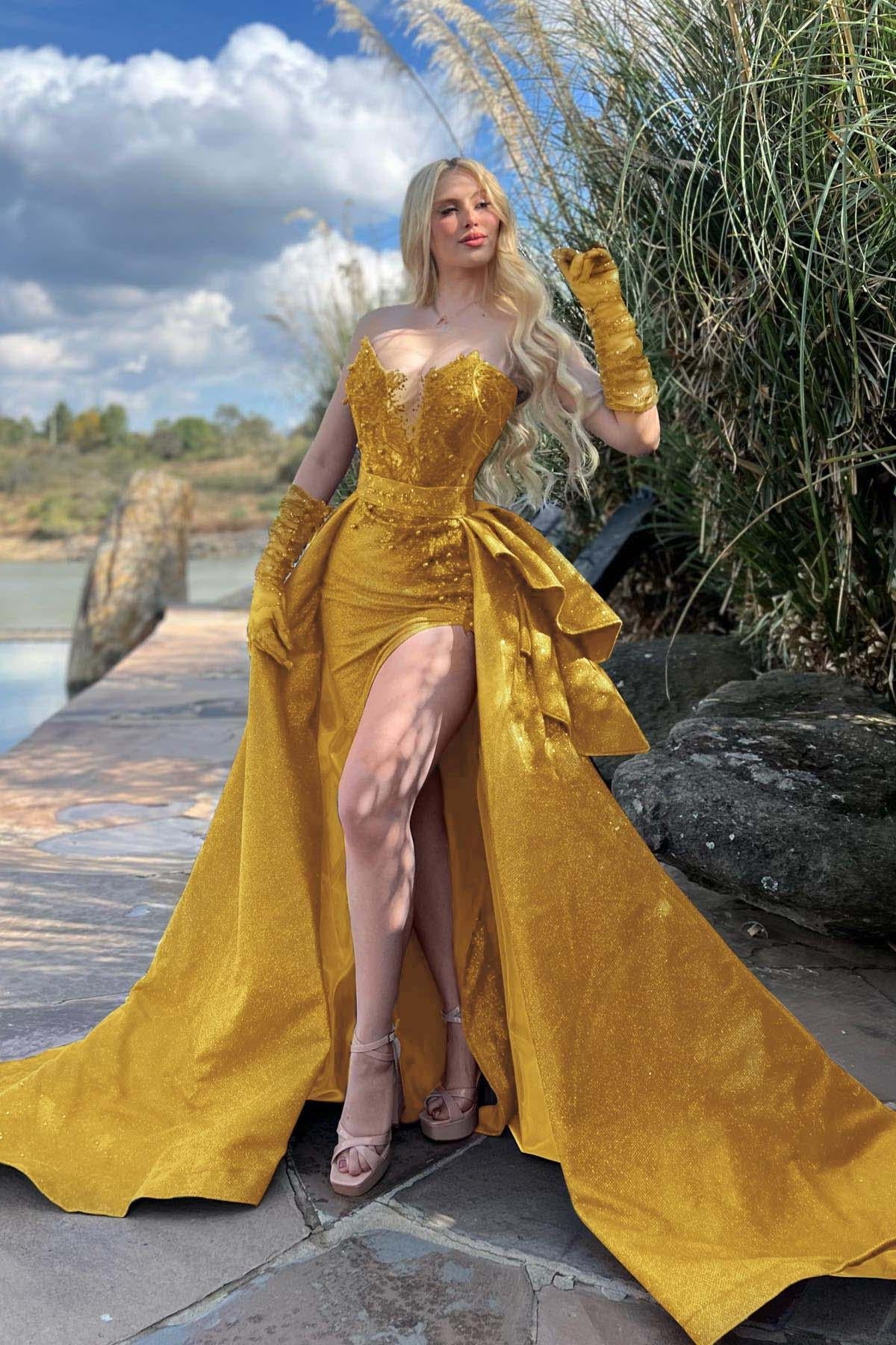 Blue Detachable Train Prom Dress Sleeveless Sweetheart Formal Dress With Lace Appliques