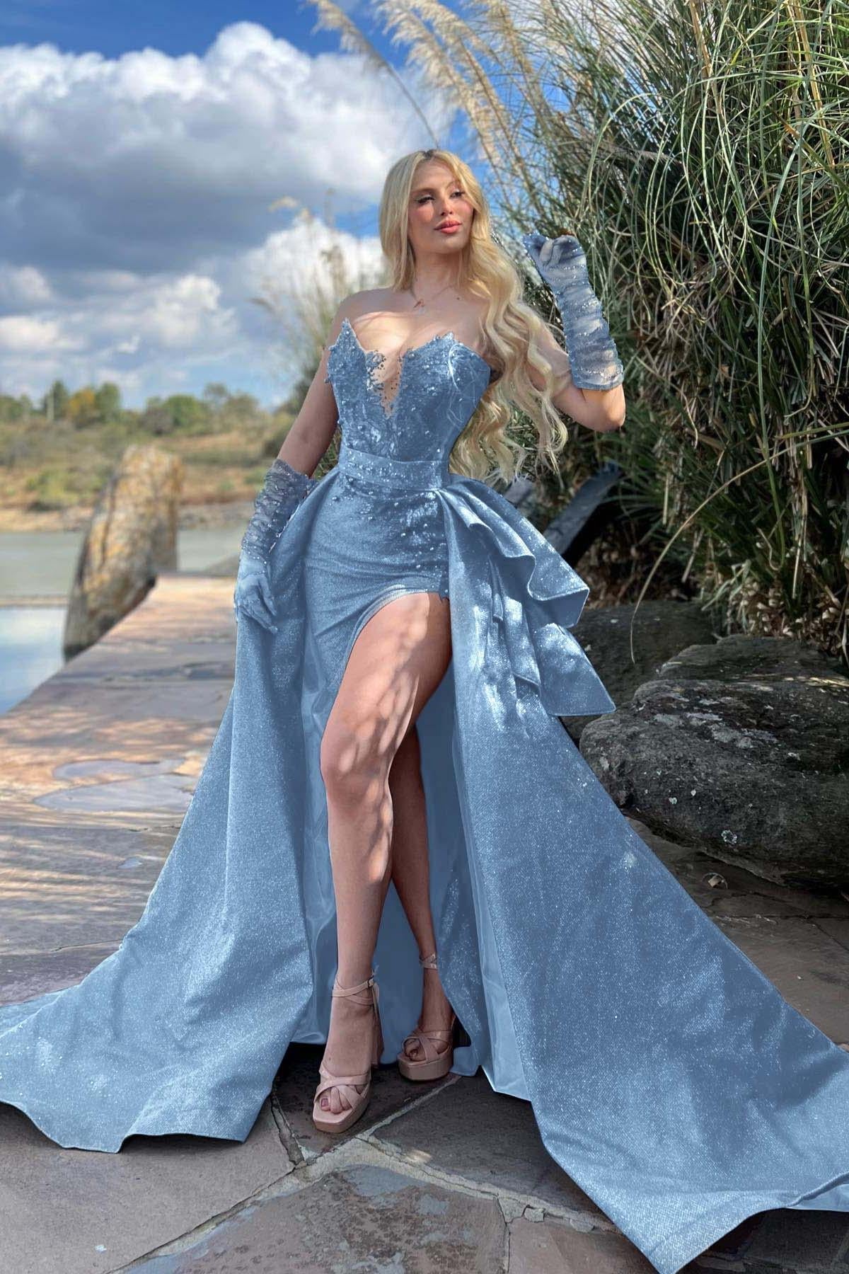 Blue Detachable Train Prom Dress Sleeveless Sweetheart Formal Dress With Lace Appliques