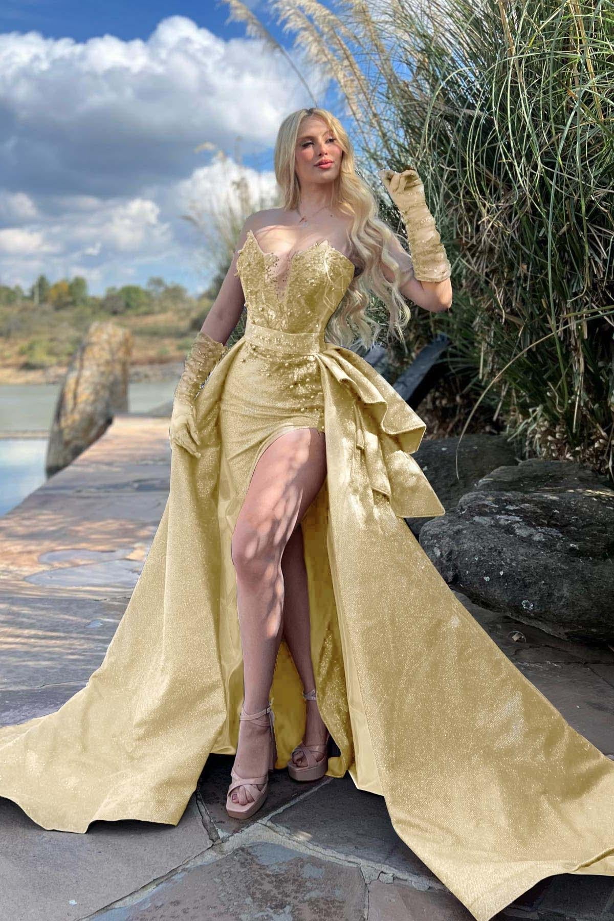 Blue Detachable Train Prom Dress Sleeveless Sweetheart Formal Dress With Lace Appliques