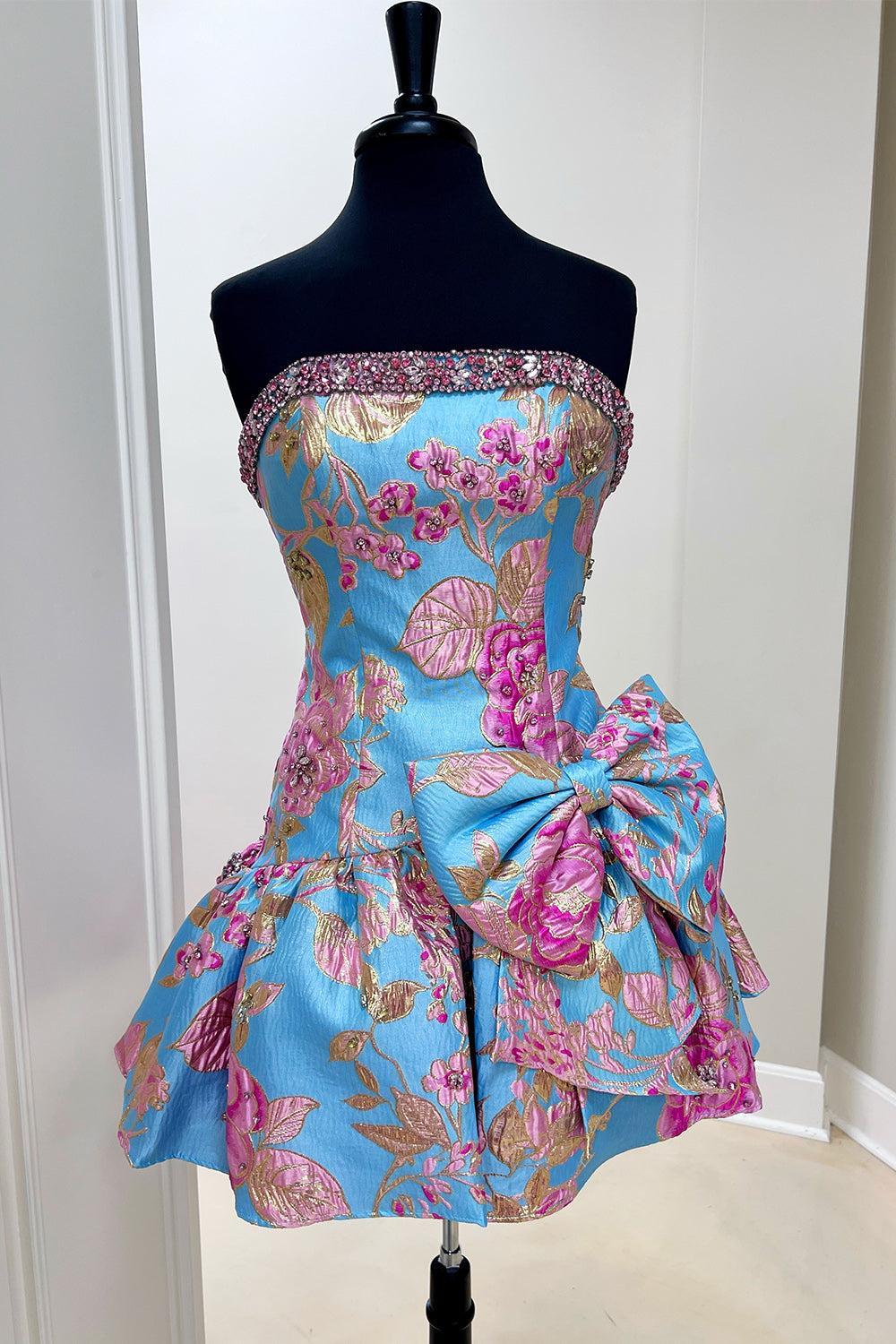 Blue Floral Beaded Strapless Short A Line Homecoming Dress with Bow