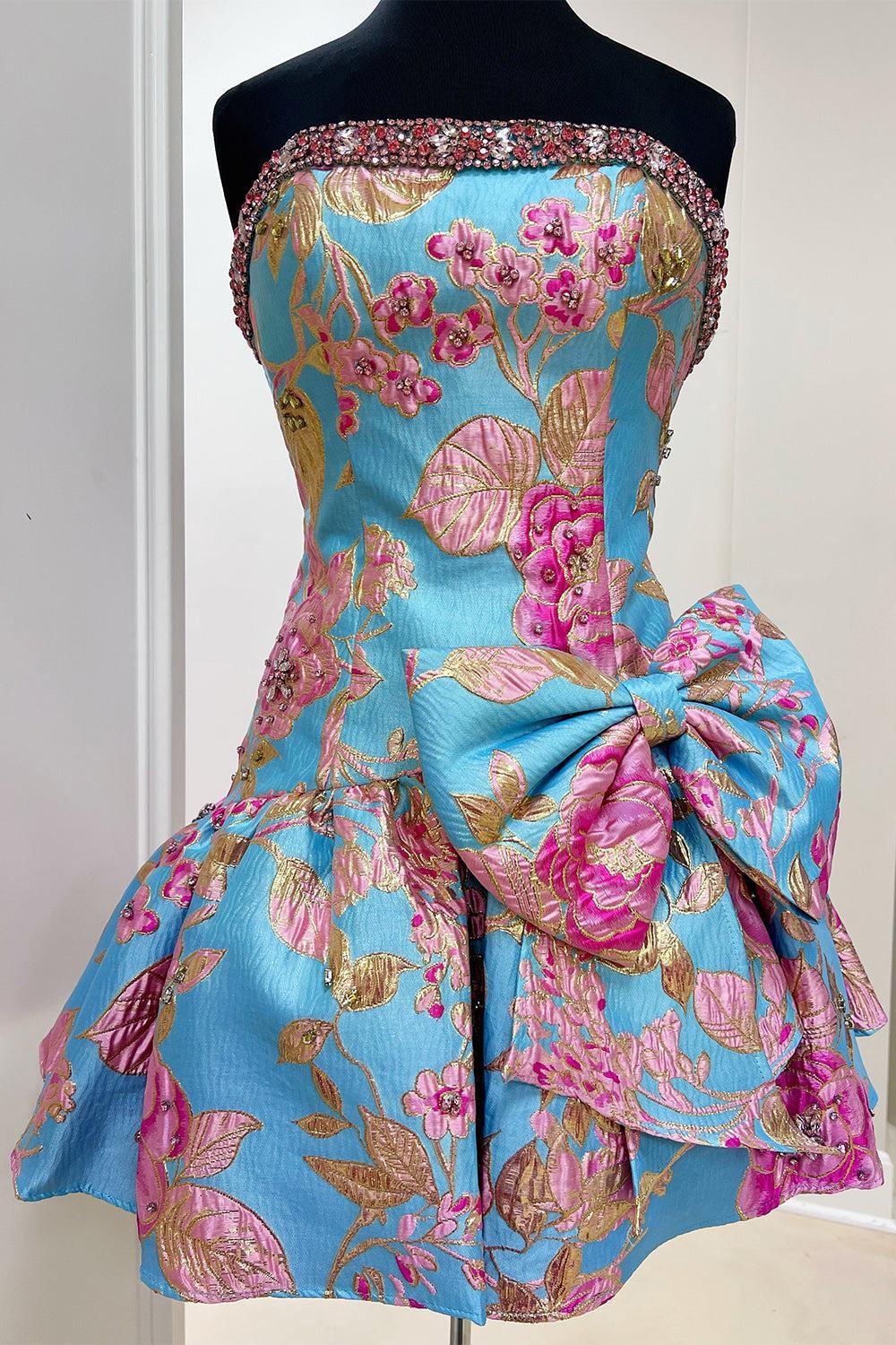 Blue Floral Beaded Strapless Short A Line Homecoming Dress with Bow
