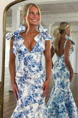 Blue Floral Print Mermaid Prom Dress With Bow Shoulder Straps Formal Evening Gown