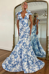 Blue Floral Print Mermaid Prom Dress With Bow Shoulder Straps Formal Evening Gown